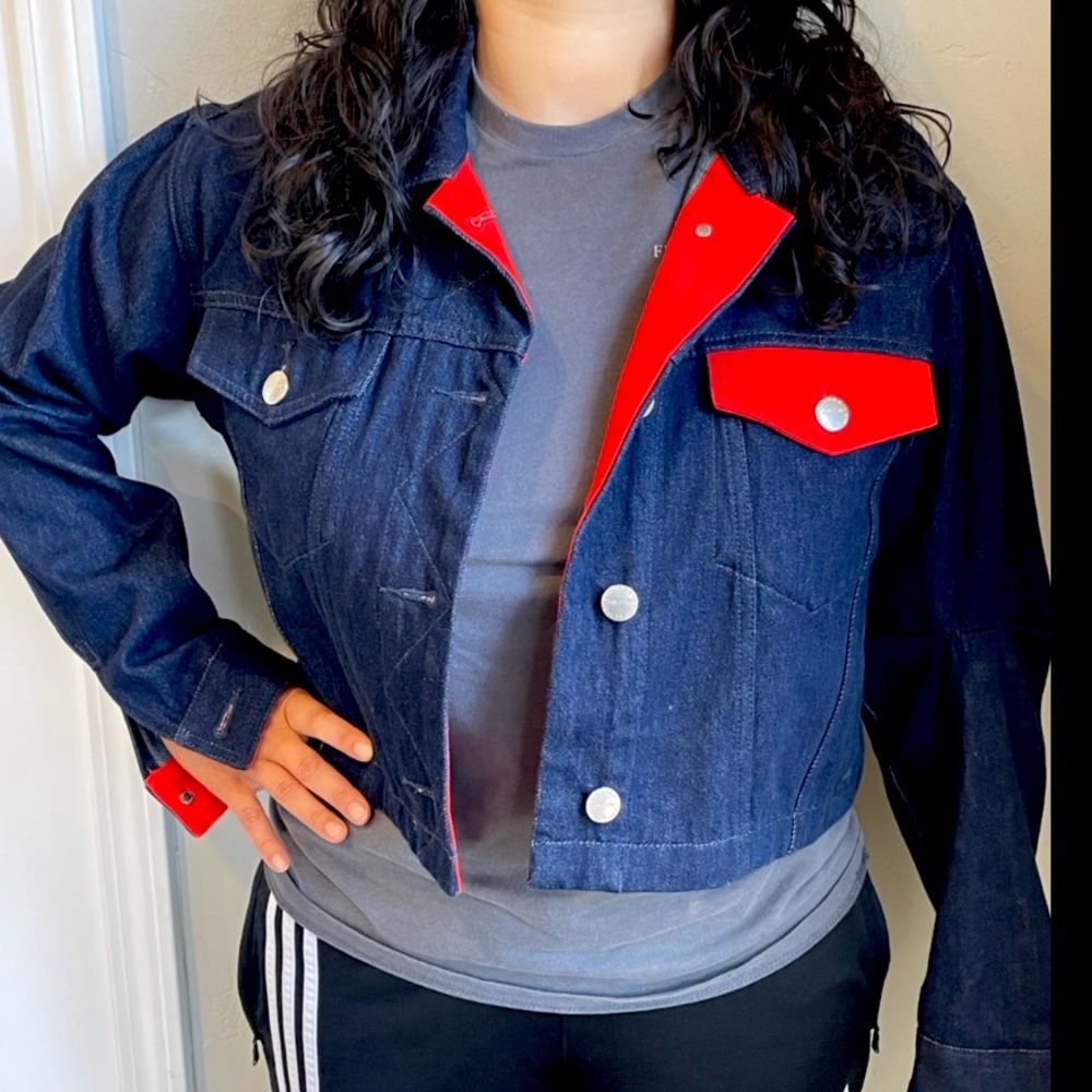 Current/ Elliot Dark Jean Jacket with Red accent color.